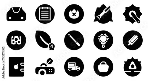 Collection of Black and White Icons Representing Various Concepts and Tools.