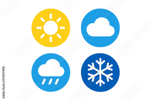 Colorful weather forecast icons depicting sun, cloud, rain, and snow conditions