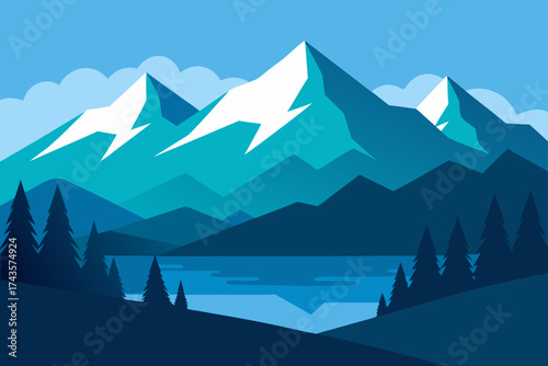 Illustration of a mountain landscape with lake view