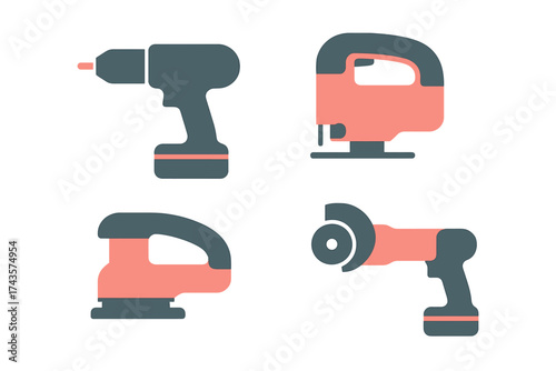 Collection of essential cordless power tools including drill, jigsaw, sander, and grinder