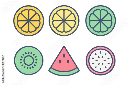 Colorful tropical and citrus fruit slices including watermelon kiwi and dragon fruit