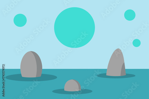 Abstract landscape with stones and floating circles