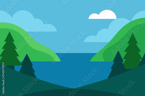 Flat landscape with lake trees and cloudy sky view