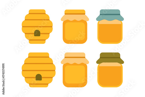 Stylized beehive icons and jars filled with natural golden honey isolated on white