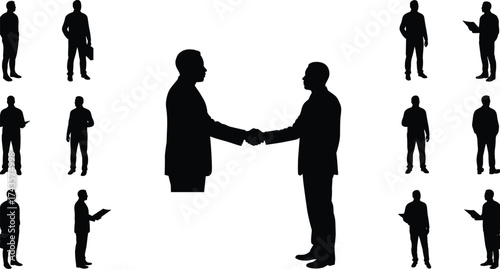 Businessmen handshake silhouette, corporate teamwork concept, meeting collaboration vector, professional partnership deal, business agreement illustration, success communication graphic art
