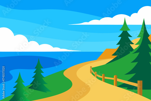Cartoon landscape with trees and ocean view scene