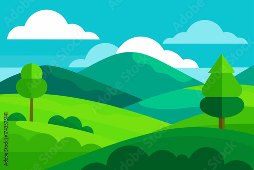 Illustration of a landscape with hills and trees