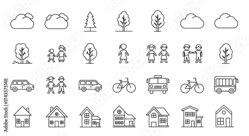 Collection of Outline Icons Representing Nature People Transport and Houses.