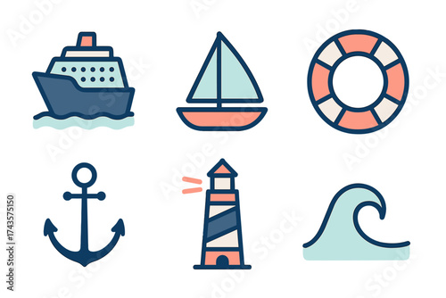 Set of nautical icons featuring a cruise ship, sailboat, anchor, lighthouse, lifebuoy, and ocean wave