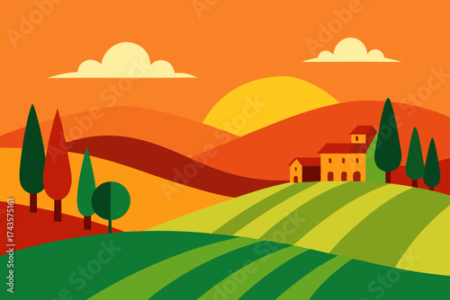 Illustration of tuscan landscape with farm at sunset