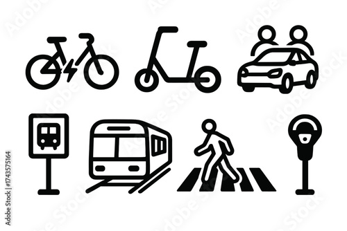 Collection of urban transport icons featuring bicycle, scooter, car, train, and pedestrian symbols