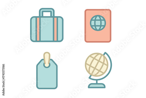 Essential travel and tourism icons set featuring suitcase, passport, luggage tag, and world globe