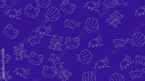 Patterned background with animal and shell outlines on purple.
