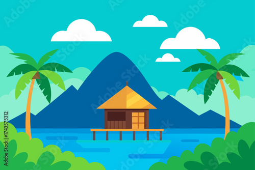 Tropical island bungalow with palm trees and clouds