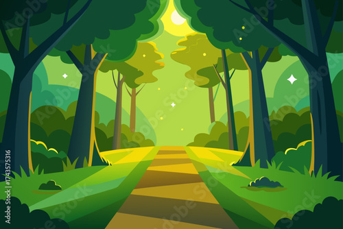 Illustration of a path through a bright green forest