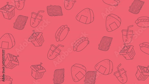 A repeating pattern of hand-drawn fast food doodles, including onigiri, hot dogs, and drinks, on a solid pink background.