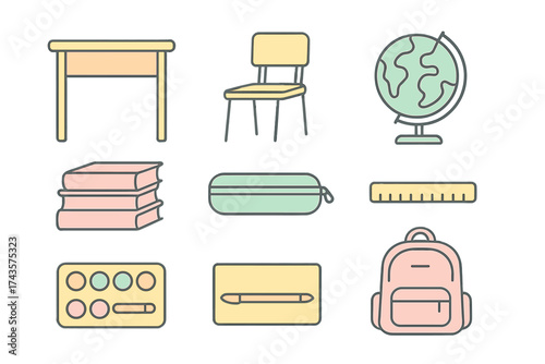 Colorful outline icons set featuring essential school and classroom supplies