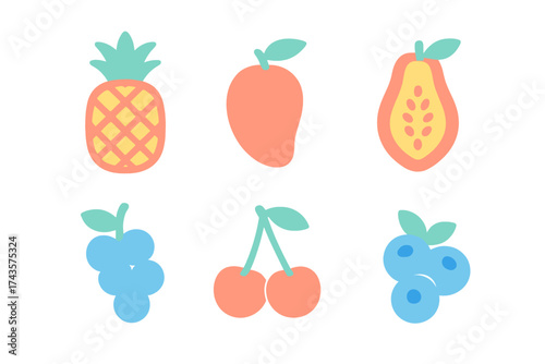 Stylized set of six colorful flat design icons featuring tropical fruits and fresh berries