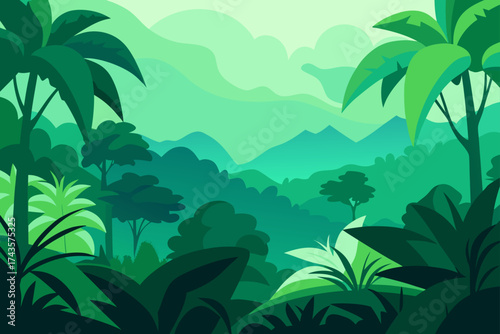 Lush green jungle landscape with distant mountains