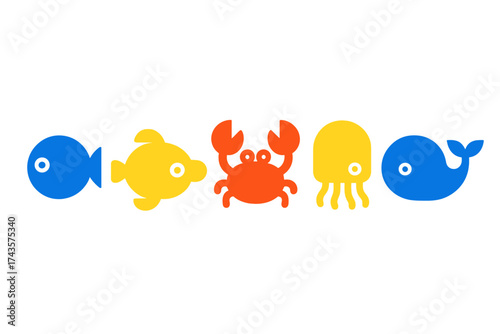 Colorful collection of simple marine life symbols: fish, dolphin, crab, jellyfish, and whale
