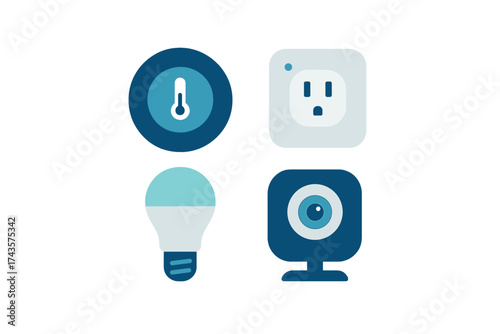 Smart home automation symbols for thermostat, electrical socket, energy saving light, and security camera