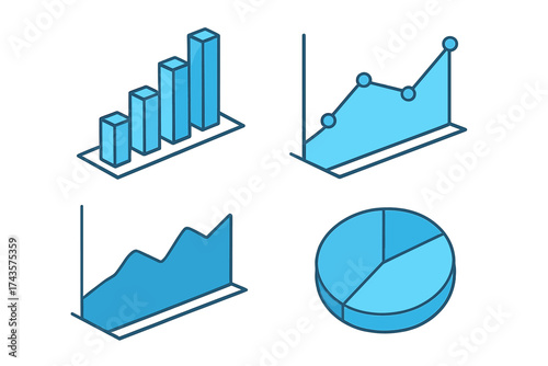 Four isometric blue business data visualization charts including bar line area and pie graphs