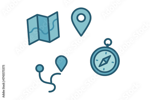 Essential set of navigation icons: folded map, compass, location pin, and route path markers