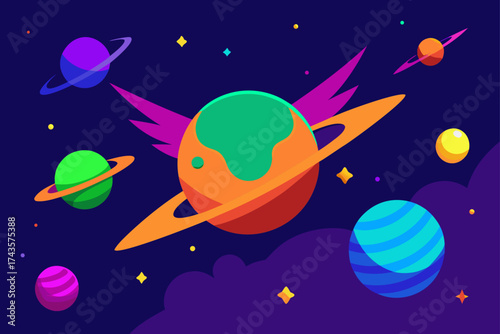 Illustration of planets with rings and wings in space