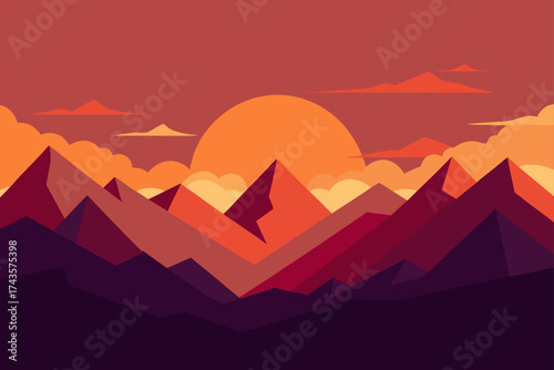 Sunset behind mountain peaks with colorful sky view