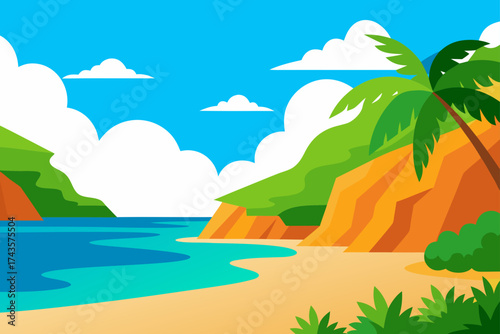 Illustration of a tropical beach with palm trees