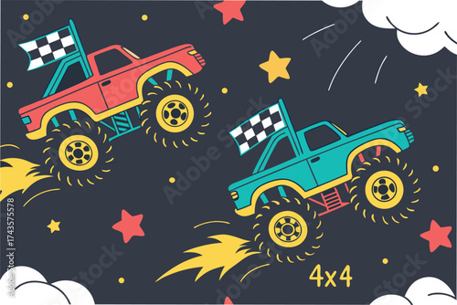 Vibrant and playful cartoon monster truck pattern with a repeating design perfect for energetic and fun themes