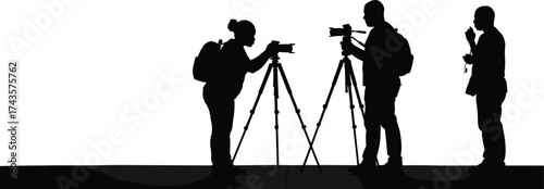 Photographers silhouette outdoor scene, camera tripod setup vector, film crew teamwork, professional photography setup, people working with cameras illustration