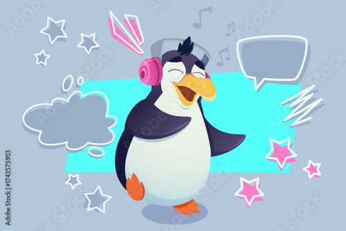 Cheerful penguin wearing headphones and enjoying music in colorful background, surrounded by fun shapes and stars