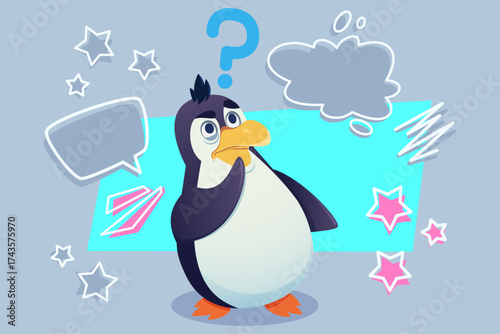 Cartoon penguin standing pondering with curious expression. Colorful shapes and speech bubbles surrounding it, hinting at thoughts and questions