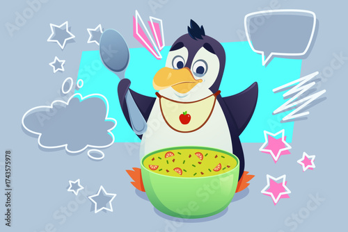 Cheerful cartoon penguin holding large green bowl of soup filled with vegetables. Bird with excited expression preparing to enjoy meal