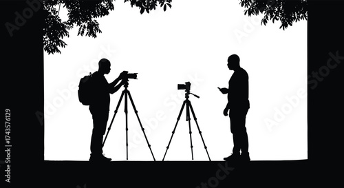 Outdoor photographers silhouette, camera tripod setup, nature photography vector, filming crew working under trees, professional photography scene illustration