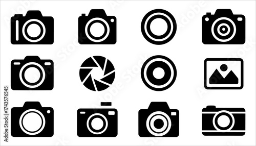 Camera Icon Set, Photography and Photo Equipment Vector Illustration, Photography Symbols and Camera Icons, Lens and Picture Concept Vector, Photo and Media Icons, Camera and Photography Tools.