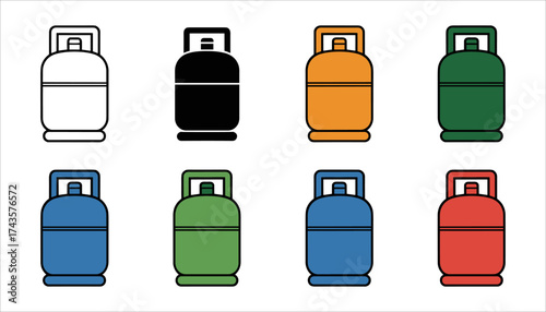 Gas Cylinder Icon Set, Propane and LPG Tank Vector Illustration, Fuel and Energy Symbols, Colored Gas Cylinder and Industrial Gas Vector, LPG and Gas Tank Icons, Propane Cylinder Vector for Energy.