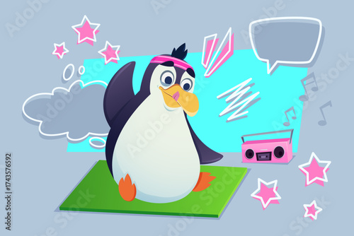 Cheerful cartoon penguin practicing yoga on mat with stars and music notes on background. Penguin wearing headband and looking relaxed