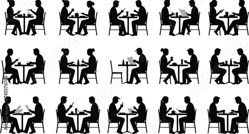 People sitting at café table silhouette, restaurant meeting vector illustration, eating drinking communication, business lunch, social dining conversation art
