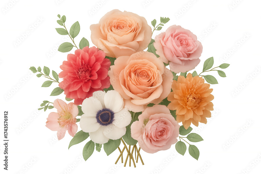 Fototapeta premium Watercolor floral bouquet with peach roses, pink dahlias, white anemone, and green leaves, transparent background