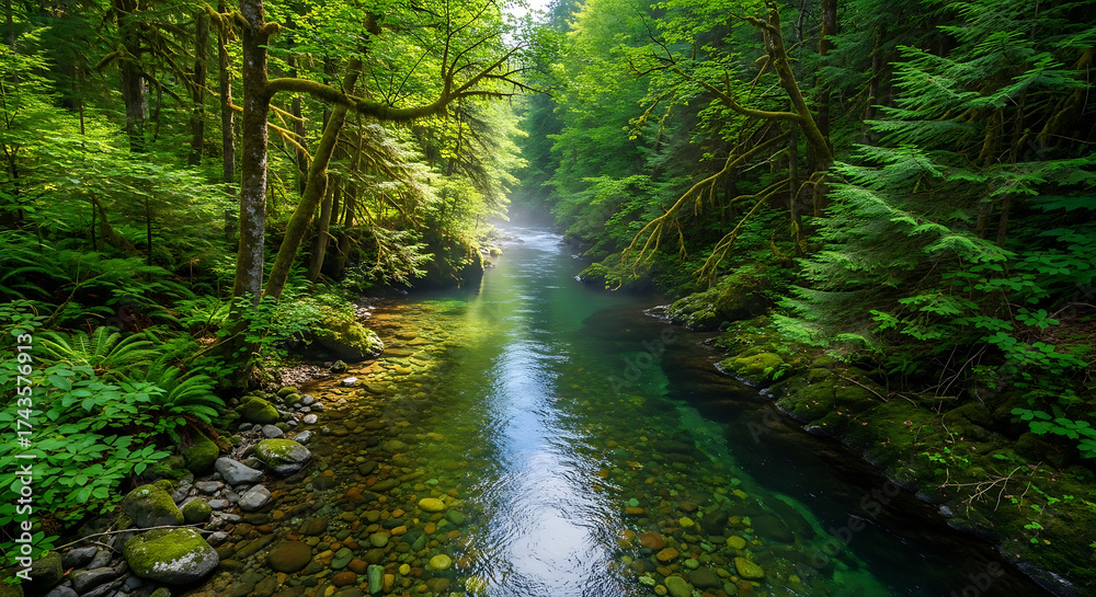 Obraz premium Sunlit River Flowing Through a Lush Mossy Temperate Forest