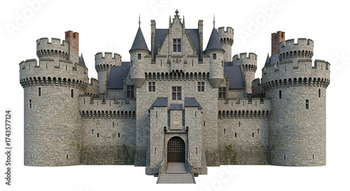 Majestic castle isolated on white background, showcasing its imposing architecture and historical significance in a minimalist composition