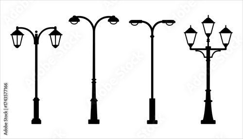 Street Lamp Vector Icons Set Classic and Modern Design, Vector Street Lights Collection Urban and Decorative, Lamps, Lamp Post Silhouette Icons Vector City Lighting Elements.