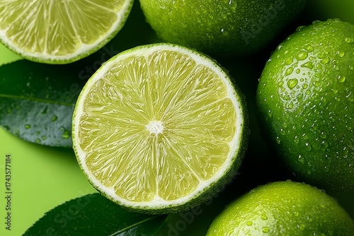 Fresh Limes in a Colorful Still Life, Featuring Juicy Slices and Whole Fruits for Culinary Designs