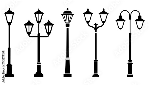Street Lamp Vector Icons Set Classic and Modern Design, Vector Street Lights Collection Urban and Decorative, Lamps, Lamp Post Silhouette Icons Vector City Lighting Elements.