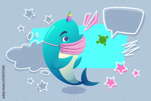 Cheerful narwhal with unicorn horn wearing pink mask. Stars and speech bubbles emphasizing playful take on health measures amid pandemic