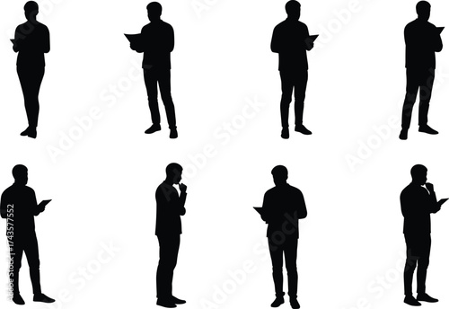 Silhouette men standing, reading tablet, thinking poses, business casual posture collection, professional vector people illustration set