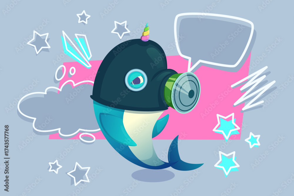 Obraz premium Colorful dolphin character wearing quirky helmet and speaking in speech bubble. Background with playful shapes and stars giving fun atmosphere to scene