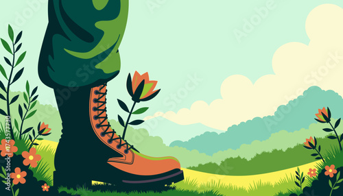 A soldier stands in combat boots in a field next to a growing delicate flower, a symbol of peace on Veterans Day.